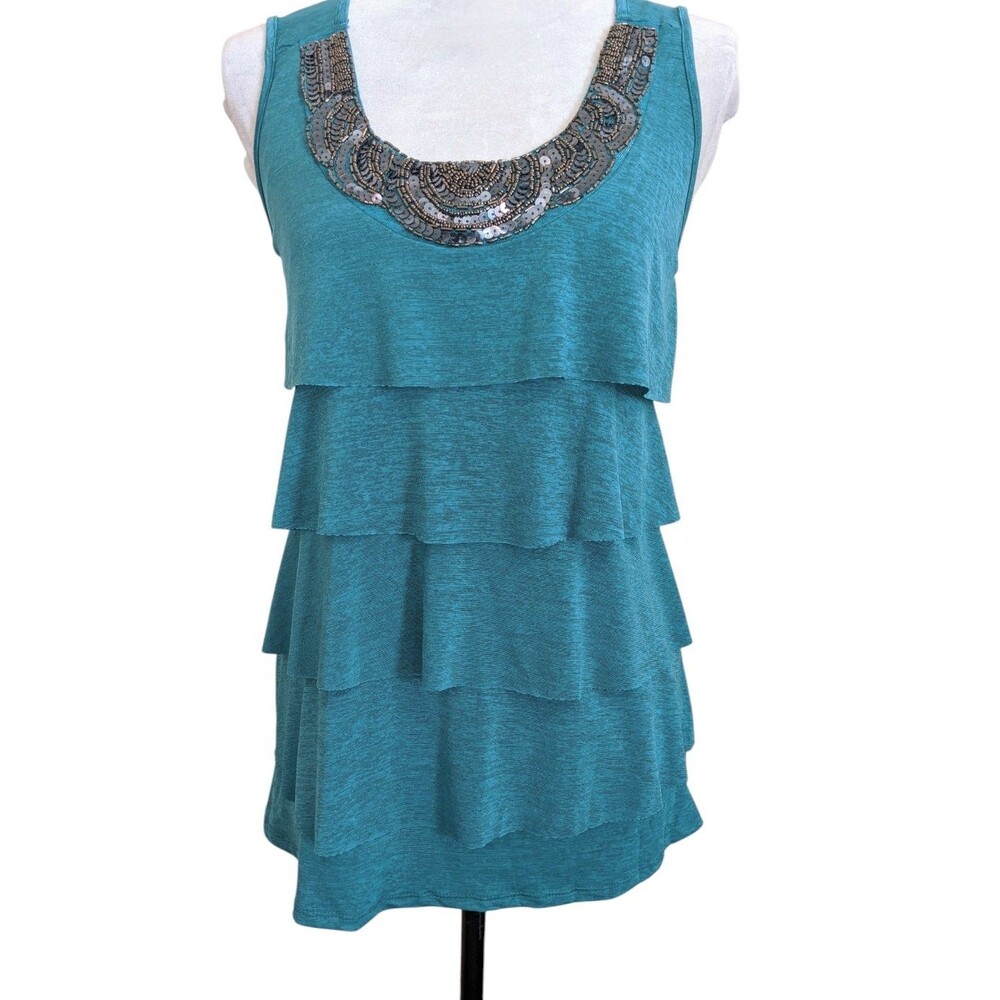 Elevated Tank Top Seafoam Green Black Sequin Neckline Stretchy Tiered Sz Medium